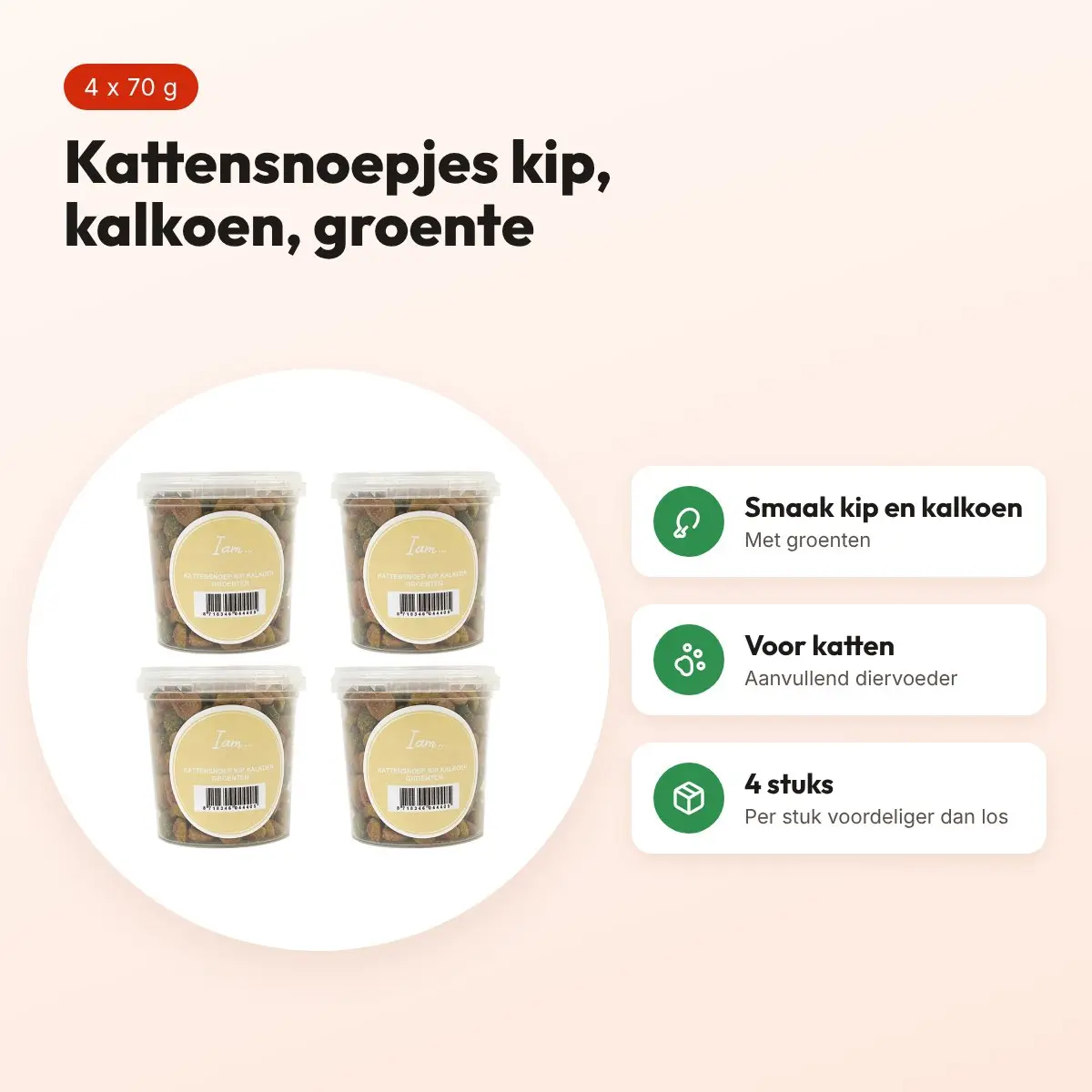 I Am kattensnoepjes kip, kalkoen en groenten 70 g – multipack 4 stuks – voordelen