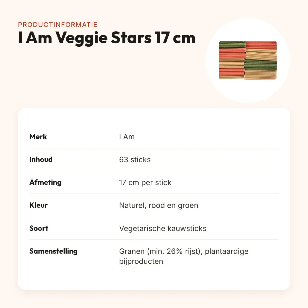 I Am Veggie Stars kauwsnack 17 cm – kleurmix, 63 stuks – productinformatie