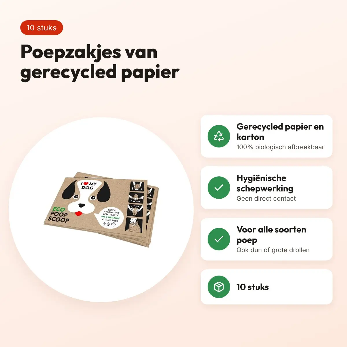 I Love My Dog hondenpoepzakjes van gerecycled papier – 10 stuks – voordelen