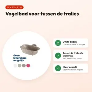 Imac vogelbad 14 x 8,5 x 4 cm – bevestiging tussen tralies, assorti – voordelen
