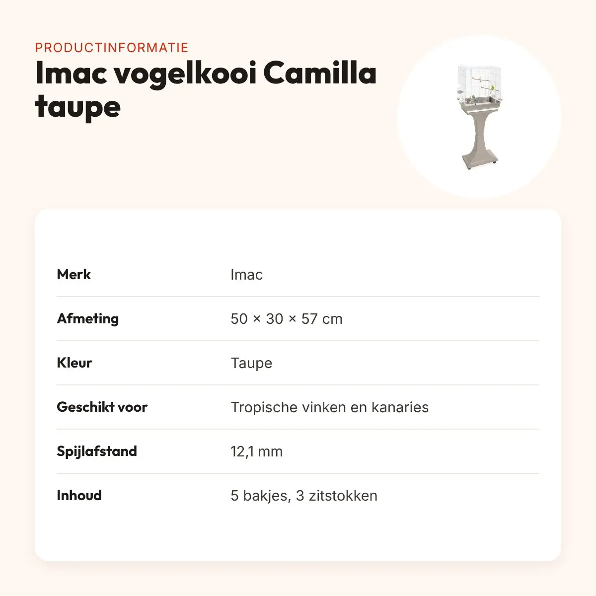 Imac vogelkooi Camilla taupe 50 x 30 x 57 cm – met schuiflade – productinformatie