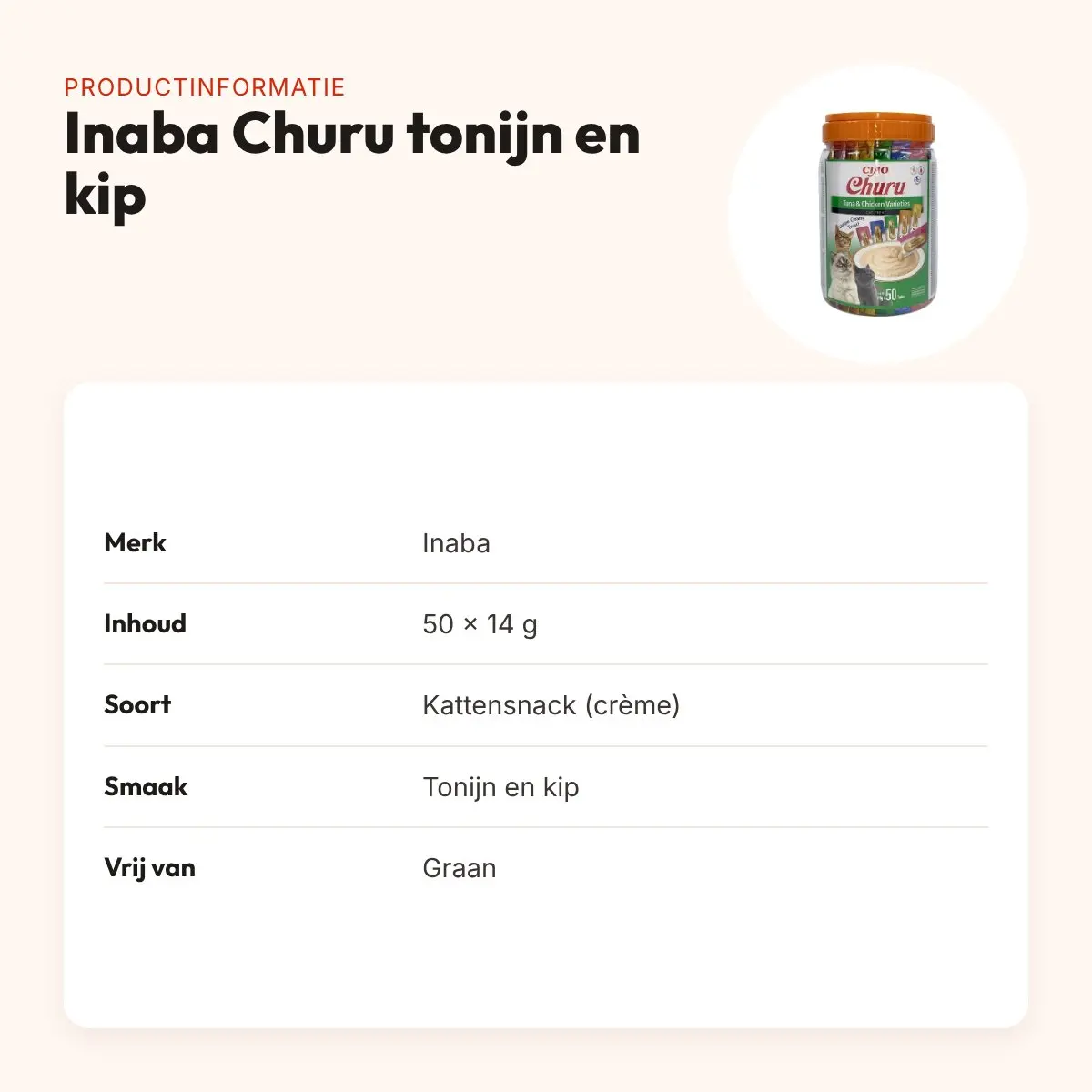 Inaba Churu kattensnack tonijn en kip 50 x 14 g – graanvrije multipack – productinformatie