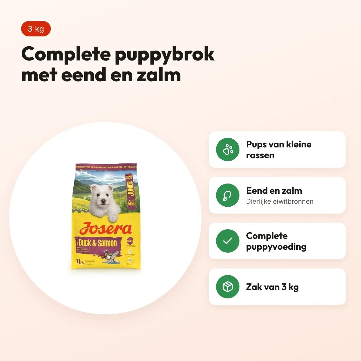 Josera hondenvoer Mini Junior Duck/Salmon 3 kg – puppyvoer, eend en zalm – voordelen