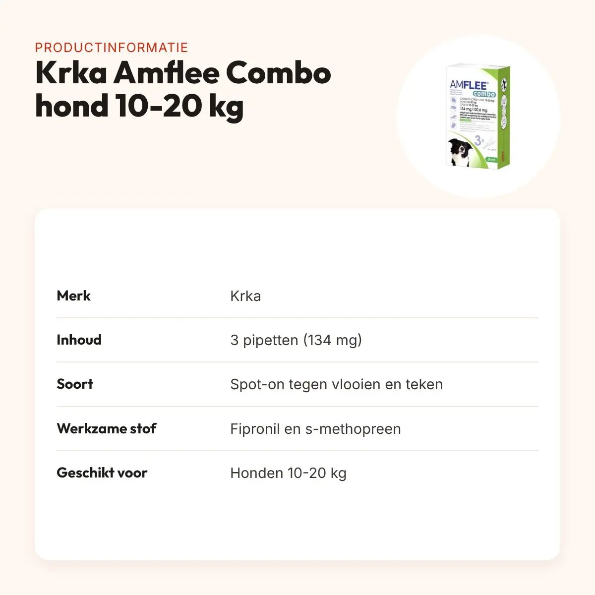 Krka Amflee Combo spot-on hond 10-20 kg 134 mg – 3 pipetten – productinformatie