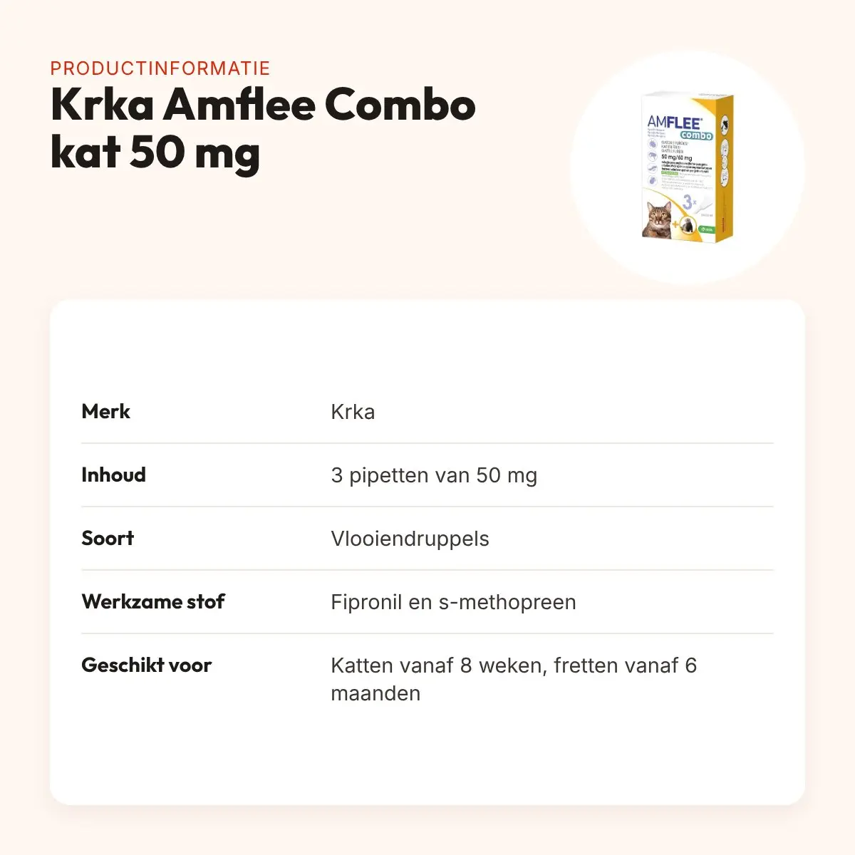 Krka Amflee Combo vlooiendruppels kat 50 mg – 3 pipetten, ook voor fretten – productinformatie