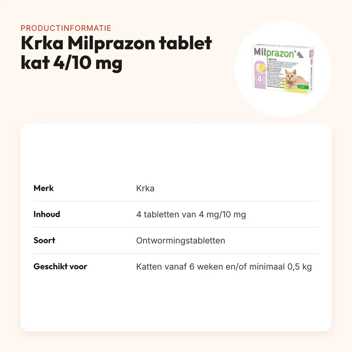 Krka Milprazon ontworming kleine kat en kitten 4 mg/10 mg – 4 tabletten – productinformatie