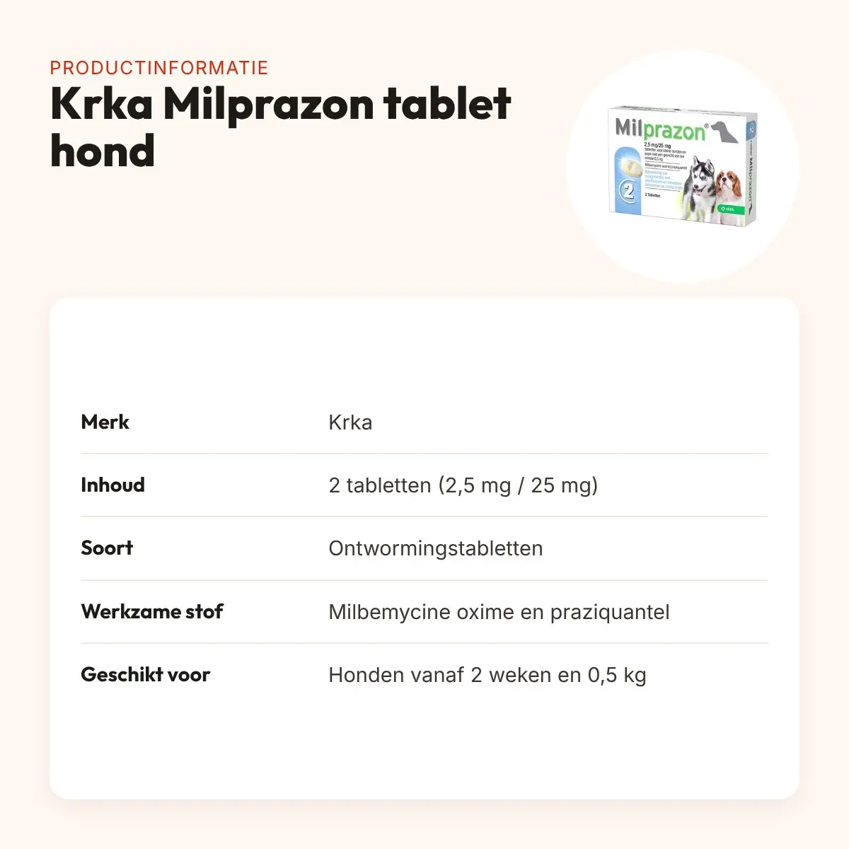 Krka Milprazon ontwormingstabletten kleine hond 0,5 kg 2,5 mg – 2 tabletten – productinformatie