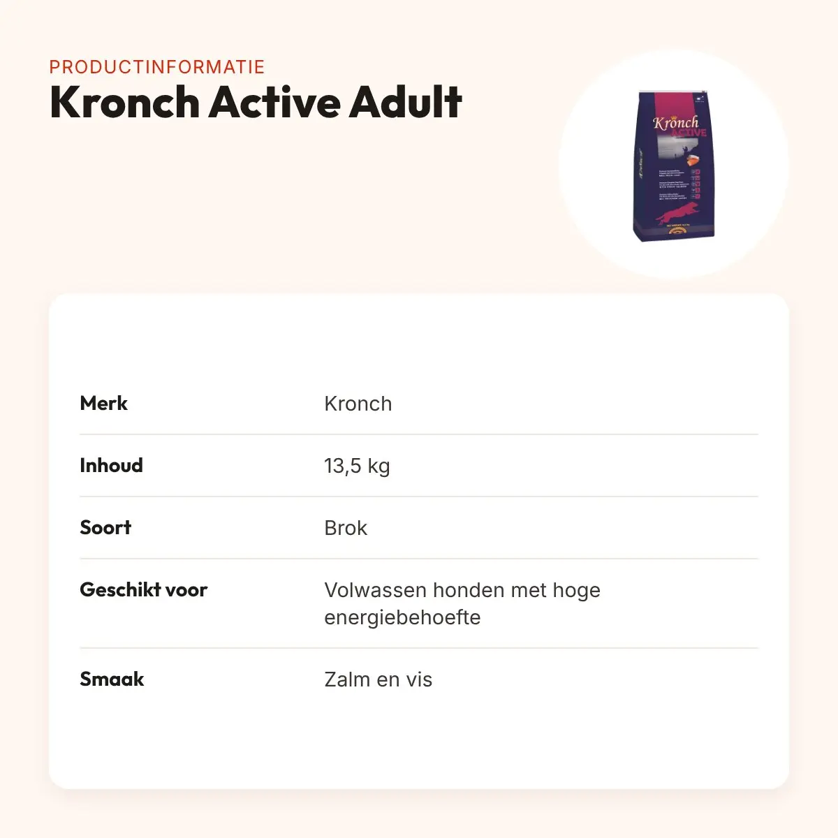 Kronch hondenvoer Active Adult 13,5 kg – zalm en vis, hoge energiebehoefte – productinformatie