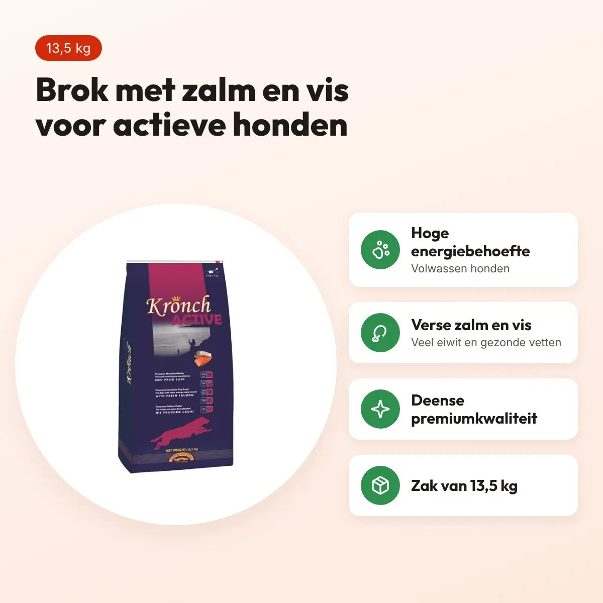 Kronch hondenvoer Active Adult 13,5 kg – zalm en vis, hoge energiebehoefte – voordelen