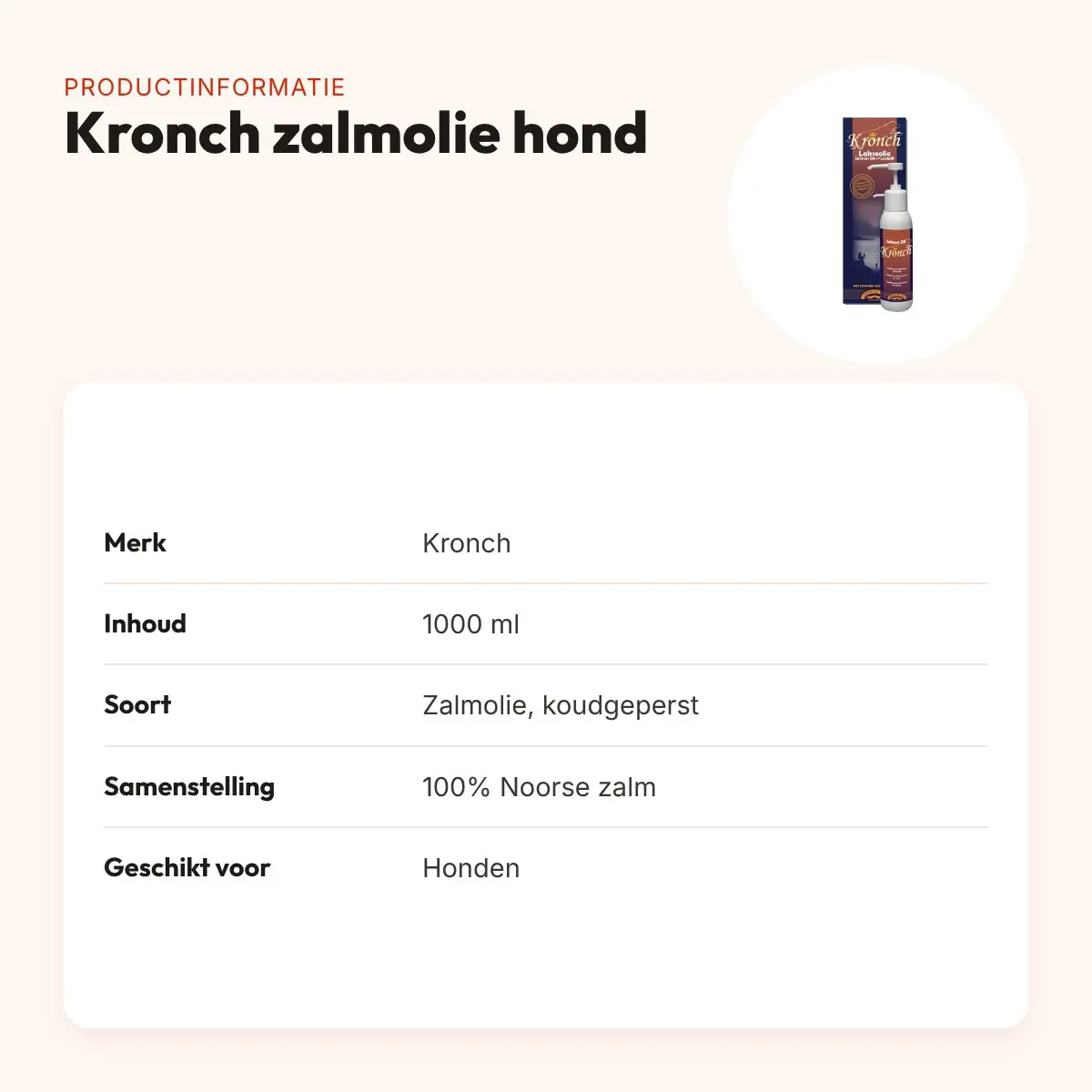Kronch zalmolie hond 1000 ml – koudgeperst, 100% Noorse zalm – productinformatie