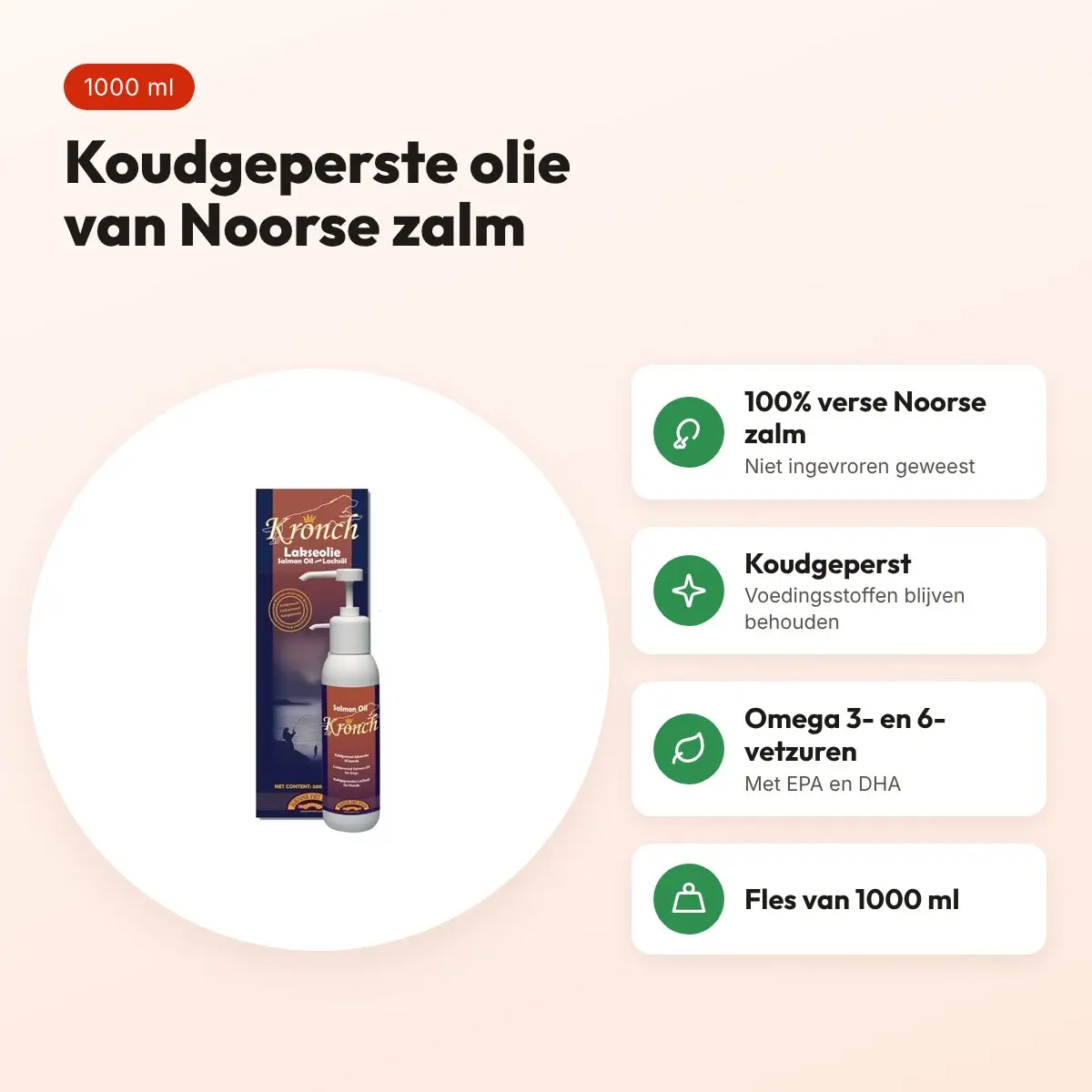 Kronch zalmolie hond 1000 ml – koudgeperst, 100% Noorse zalm – voordelen
