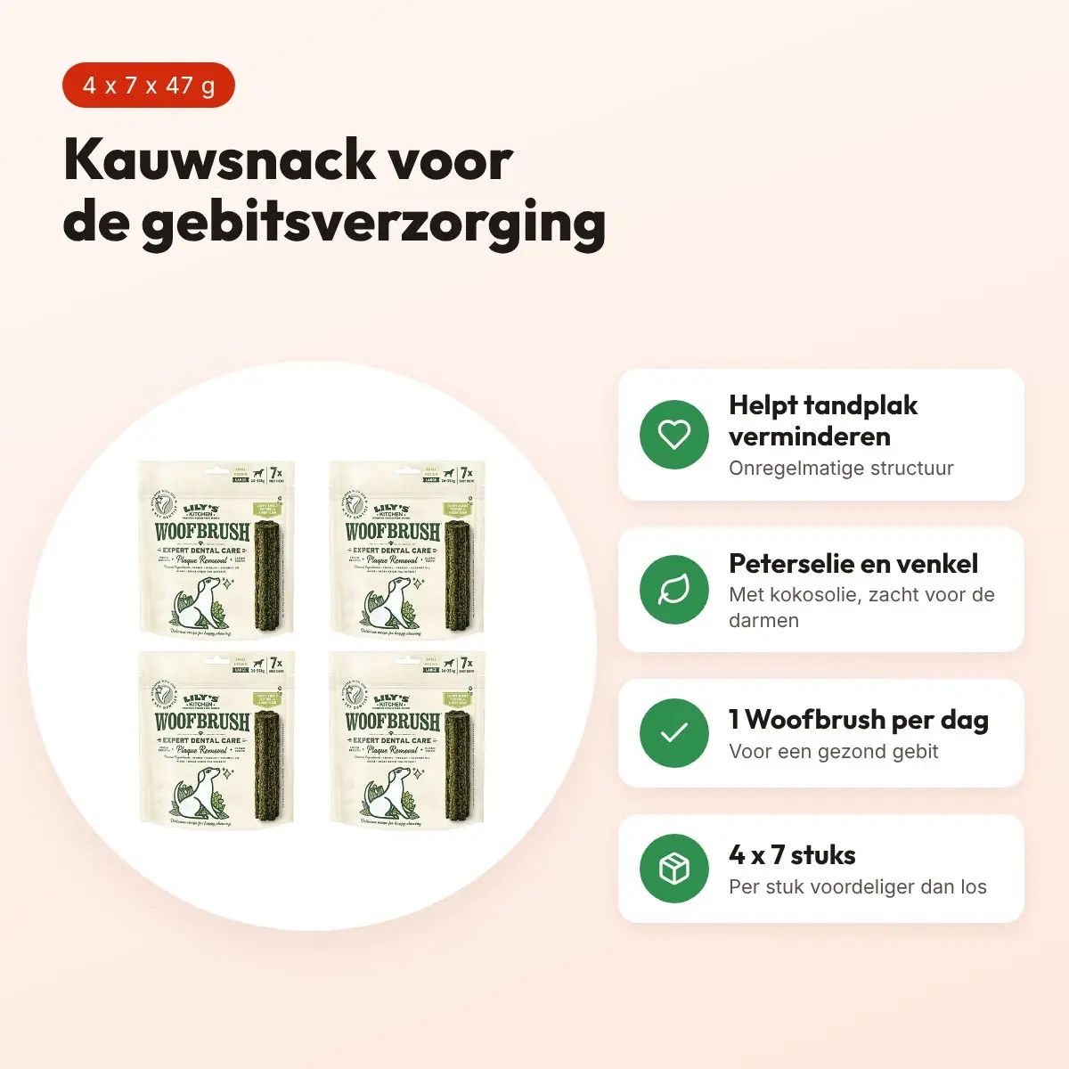 Lily's Kitchen Woofbrush kauwsnack L 47 g – multipack 4 x 7 stuks – voordelen