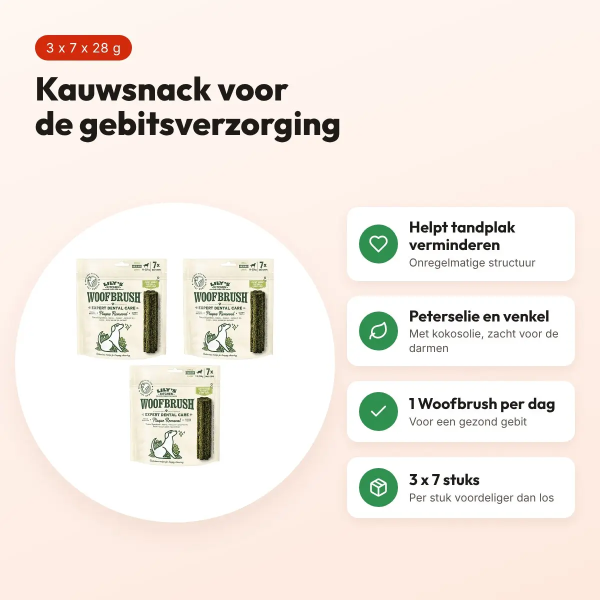 Lily's Kitchen Woofbrush kauwsnack M 28 g – multipack 3 x 7 stuks – voordelen