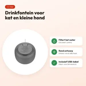 Martin drinkfontein voor kat en kleine hond zwart 2,5 liter – rond – voordelen