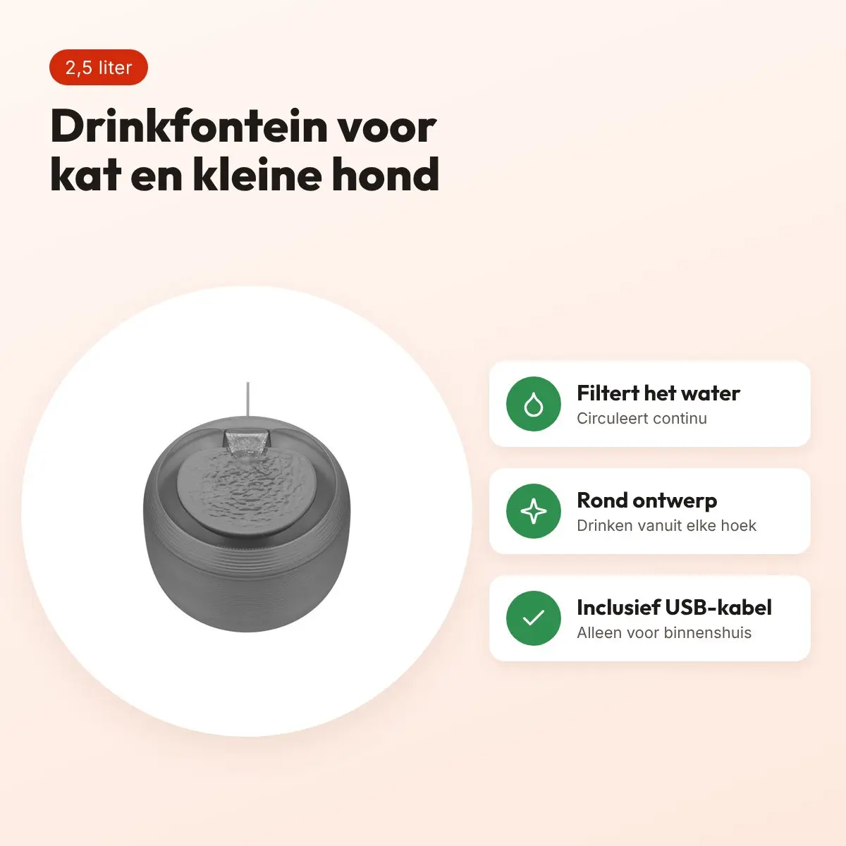 Martin drinkfontein voor kat en kleine hond zwart 2,5 liter – rond – voordelen