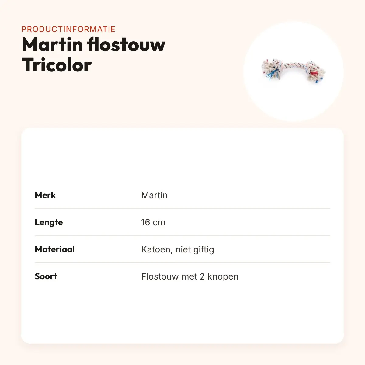 Martin flostouw Tricolor 2 knopen 16 cm – kauwtouw van katoen – productinformatie