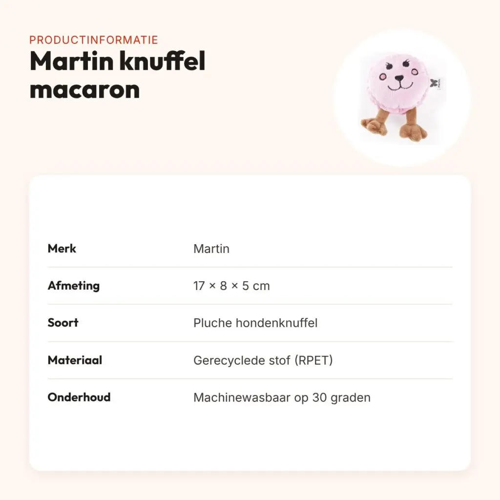 Martin hondenknuffel macaron 17 x 8 x 5 cm – pluche met pieper – productinformatie