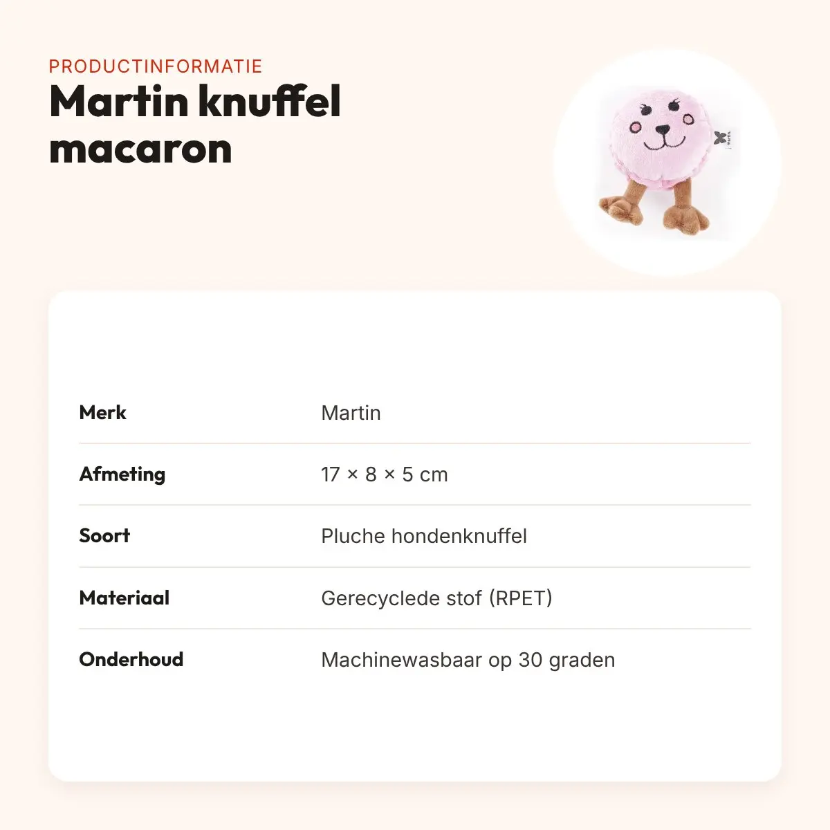 Martin hondenknuffel macaron 17 x 8 x 5 cm – pluche met pieper – productinformatie