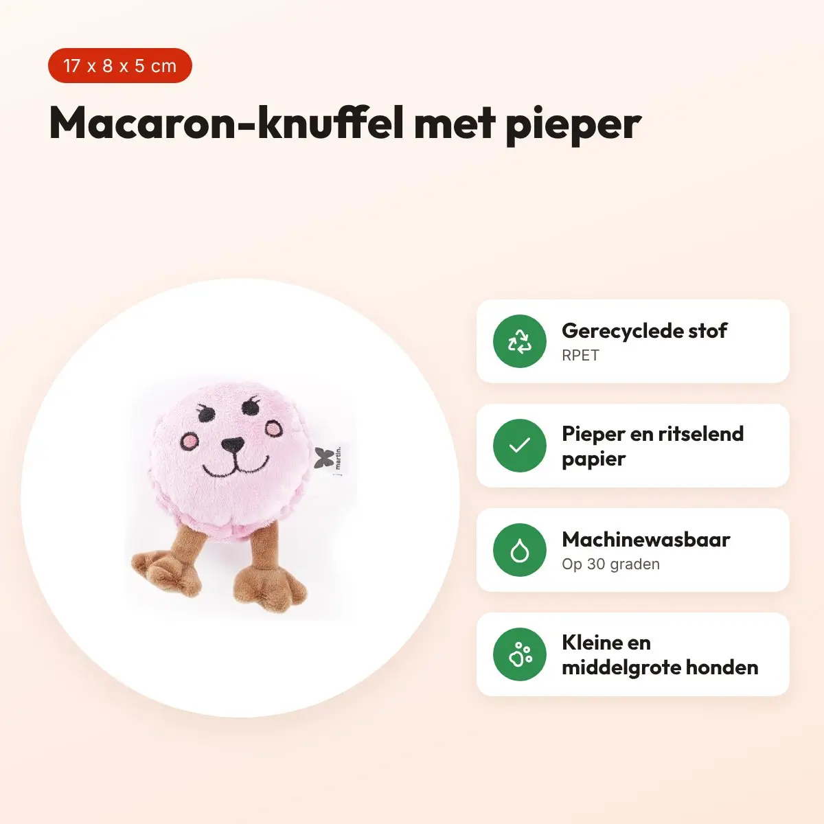 Martin hondenknuffel macaron 17 x 8 x 5 cm – pluche met pieper – voordelen