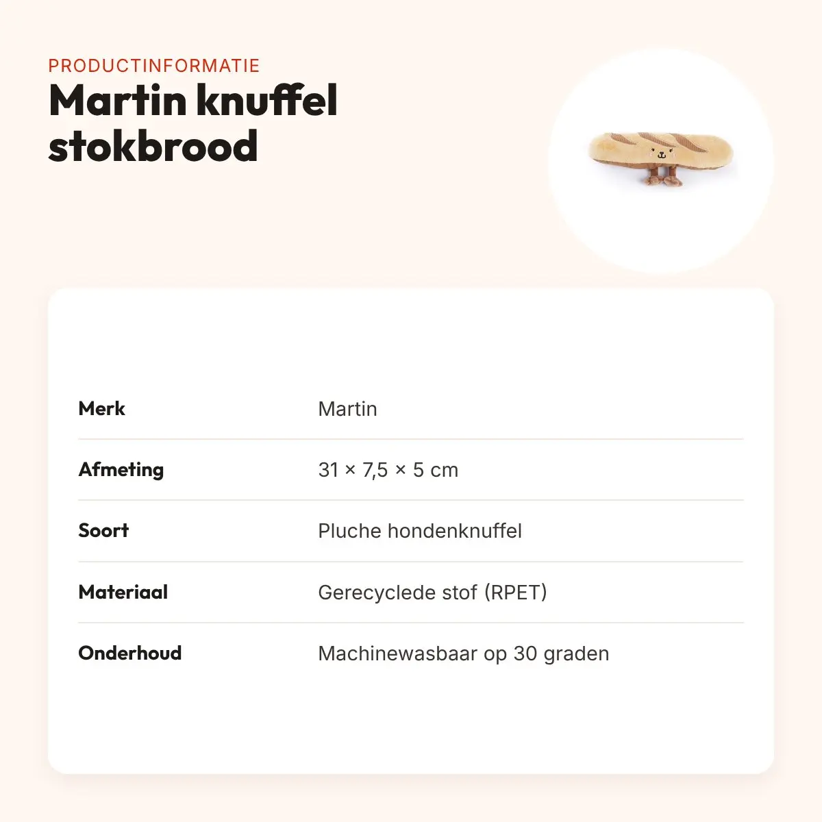 Martin hondenknuffel stokbrood 31 x 7,5 x 5 cm – pluche met pieper – productinformatie