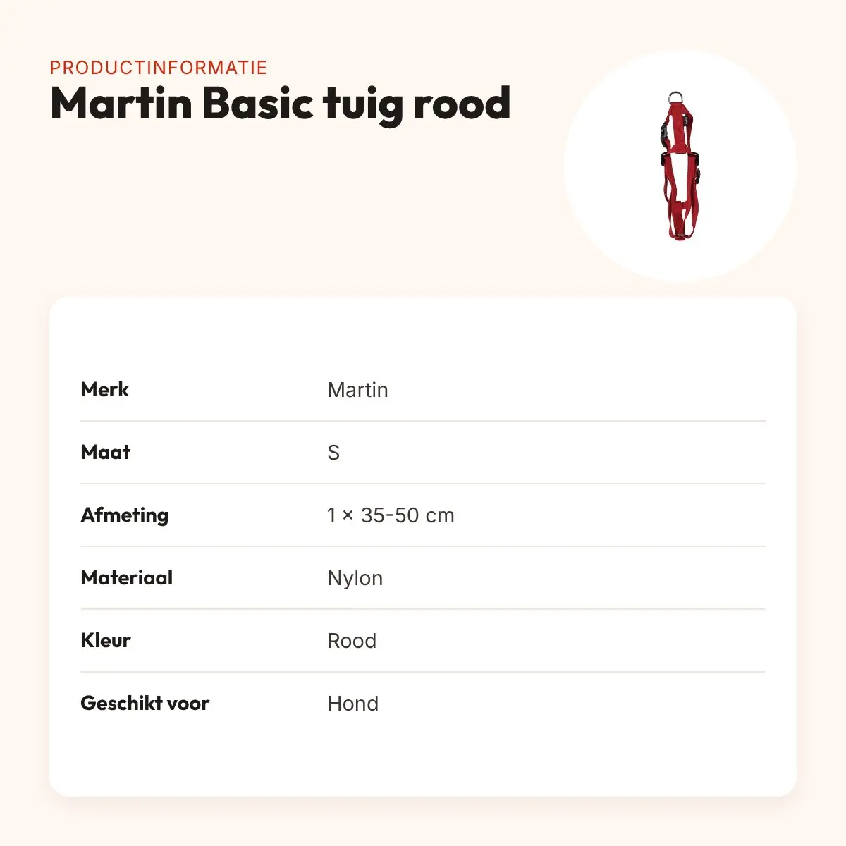 Martin hondentuig Basic nylon rood 35-50 cm – maat S – productinformatie