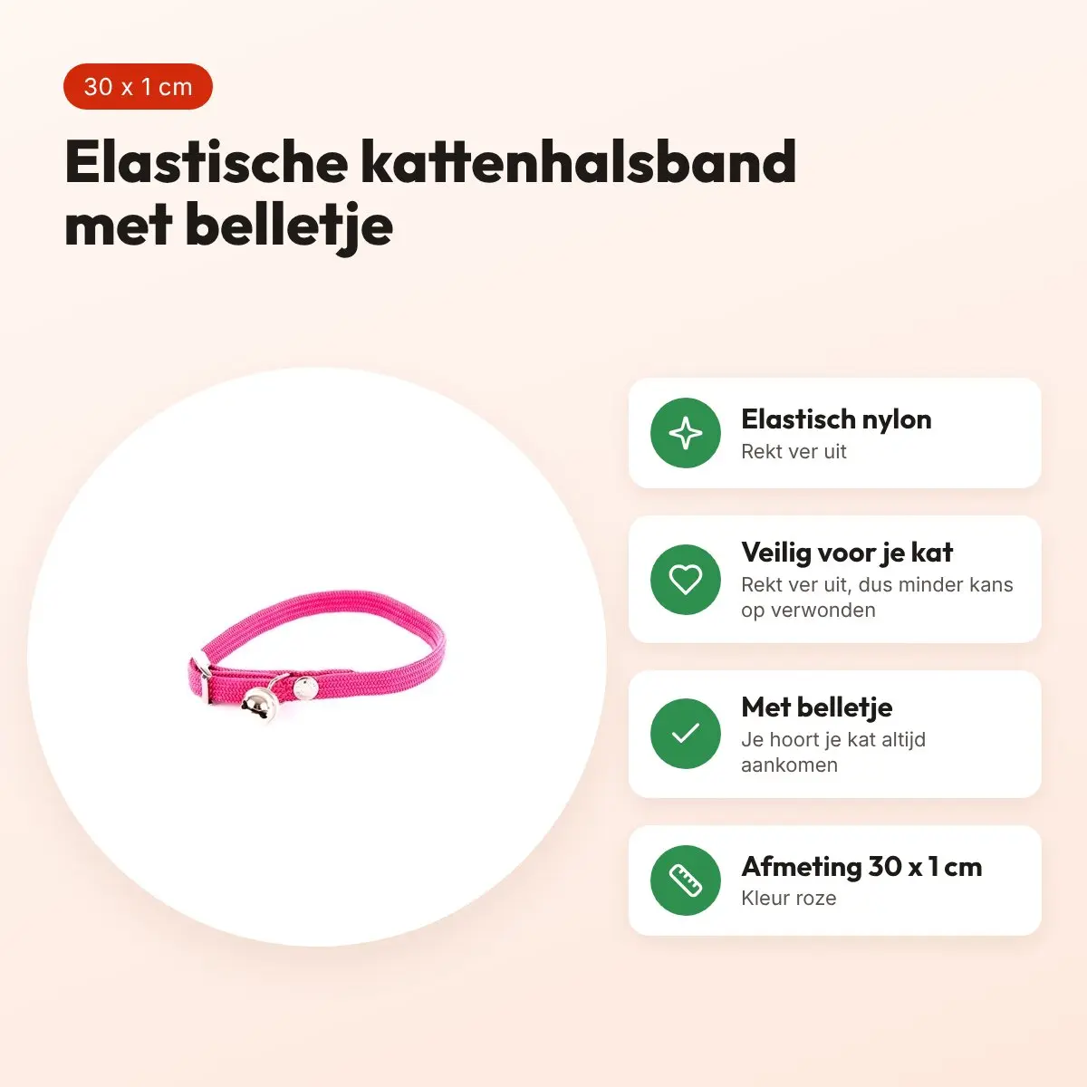 Martin kattenhalsband elastisch nylon roze 30 x 1 cm – met belletje – voordelen