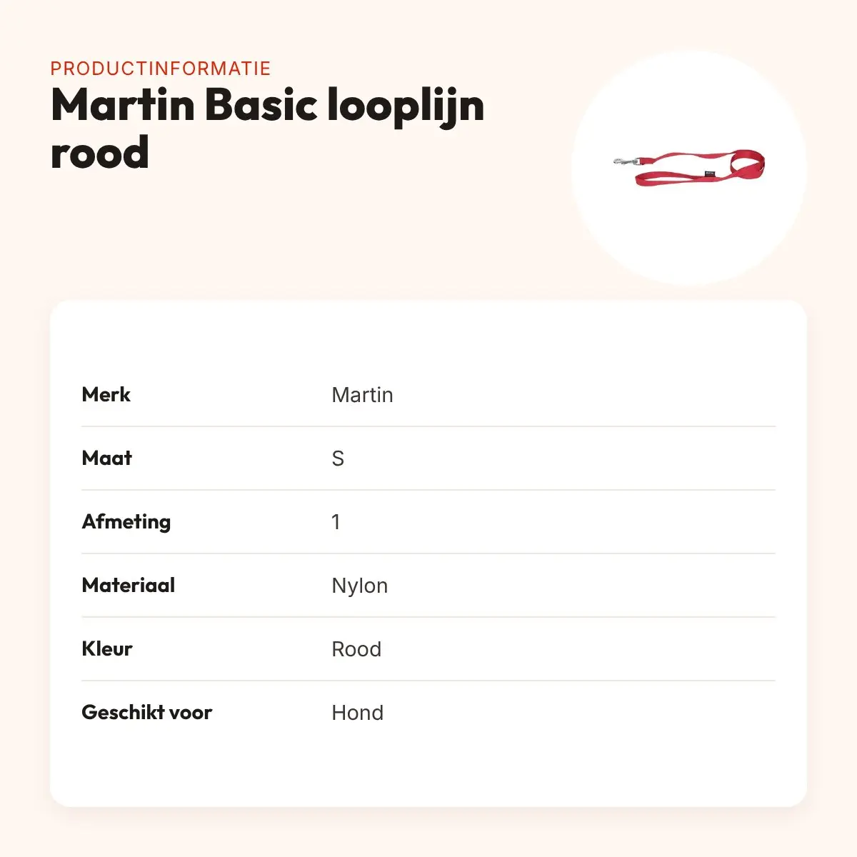 Martin looplijn Basic nylon rood 1,6 x 120 cm – maat S – productinformatie
