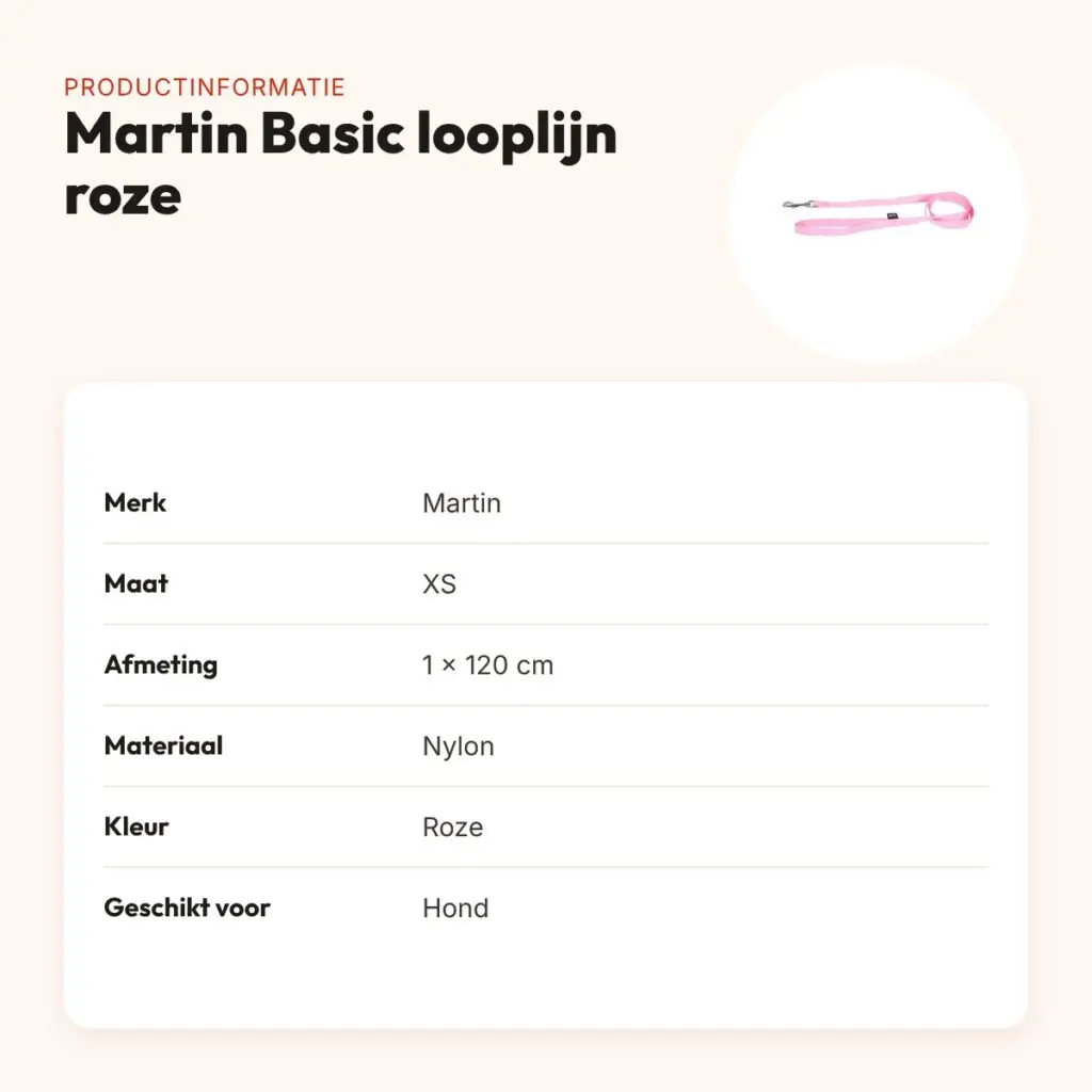 Martin looplijn Basic nylon roze 1 x 120 cm – maat XS – productinformatie