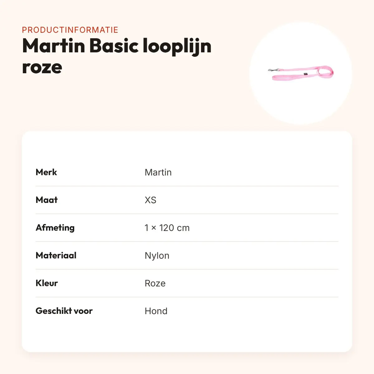 Martin looplijn Basic nylon roze 1 x 120 cm – maat XS – productinformatie