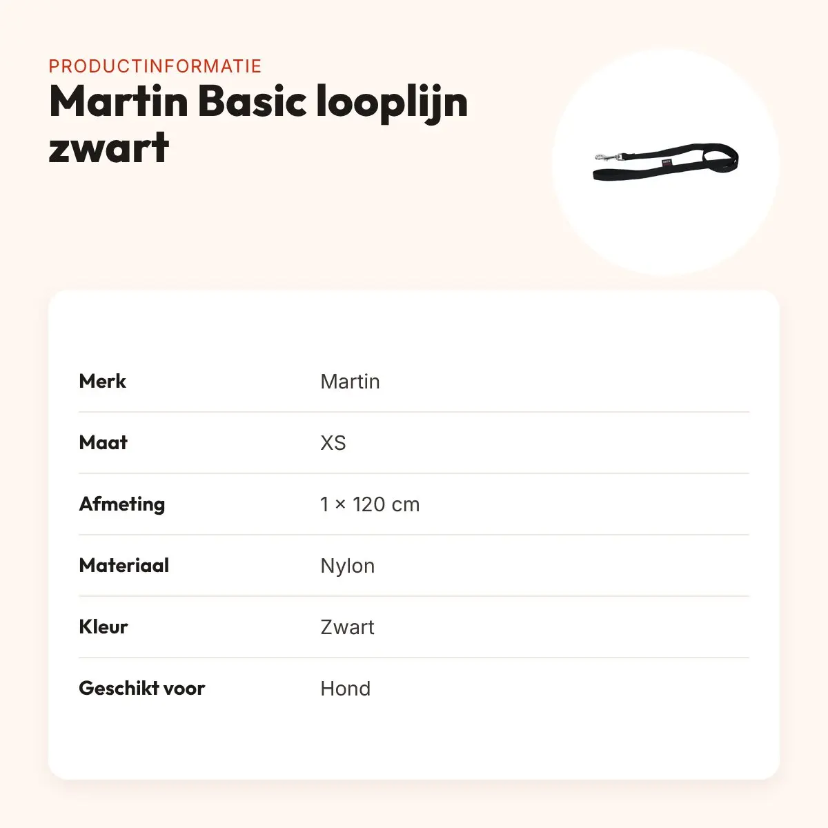 Martin looplijn Basic nylon zwart 1 x 120 cm – maat XS – productinformatie