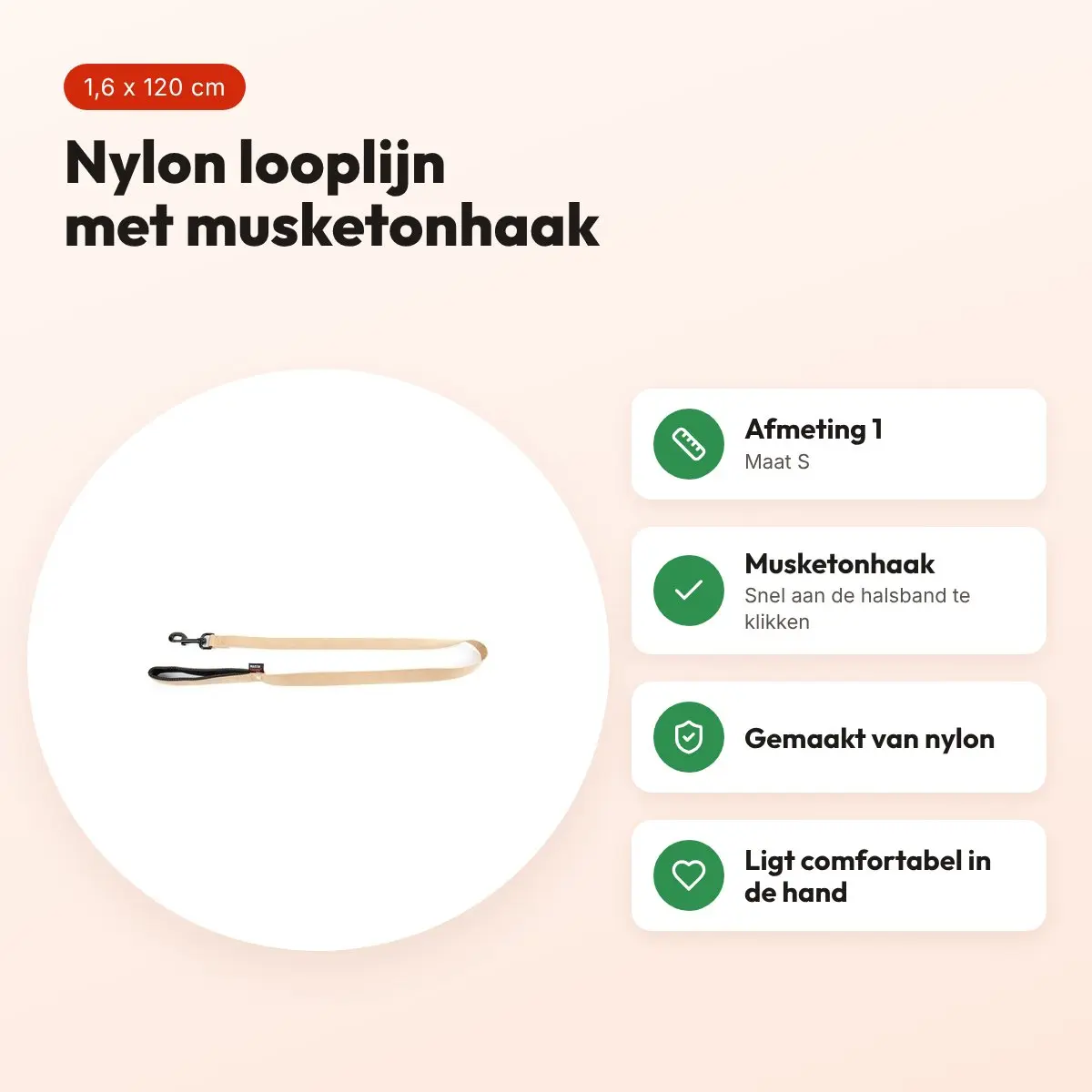 Martin looplijn nylon beige 1,6 x 120 cm – maat S – voordelen