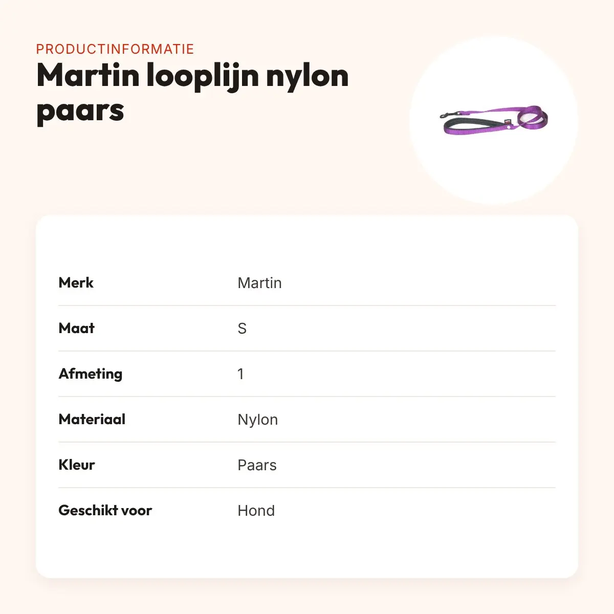 Martin looplijn nylon paars 1,6 x 120 cm – maat S – productinformatie