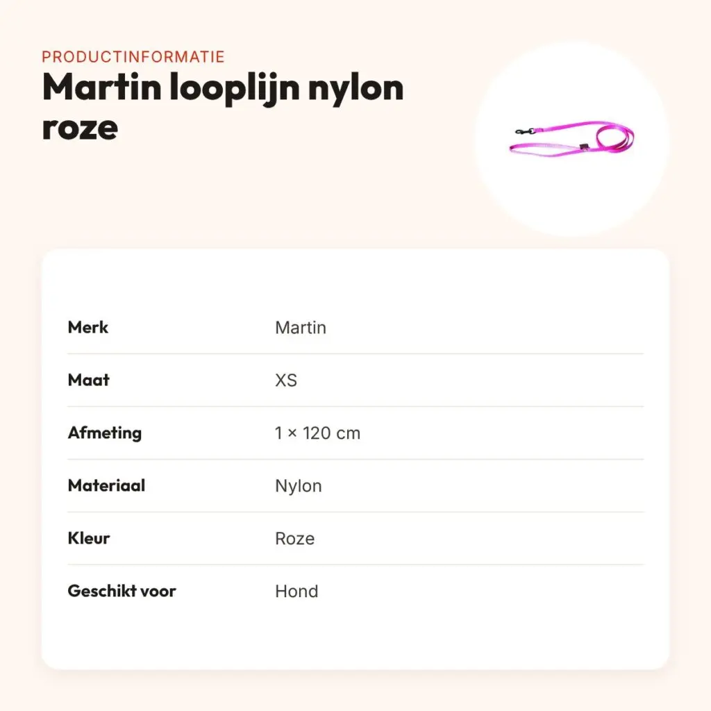 Martin looplijn nylon roze 1 x 120 cm – maat XS – productinformatie