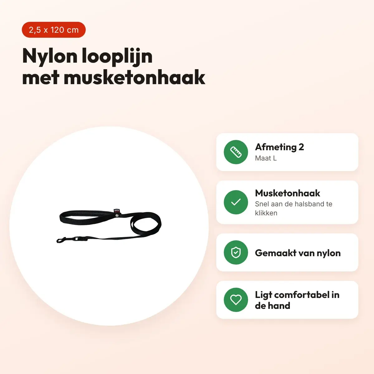 Martin looplijn nylon zwart 2,5 x 120 cm – maat L – voordelen