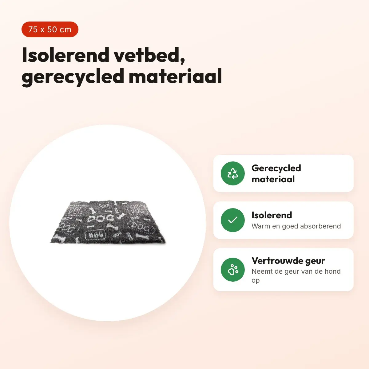 Martin vetbed dog print grijs/wit 75 x 50 cm – gerecycled, isolerend – voordelen