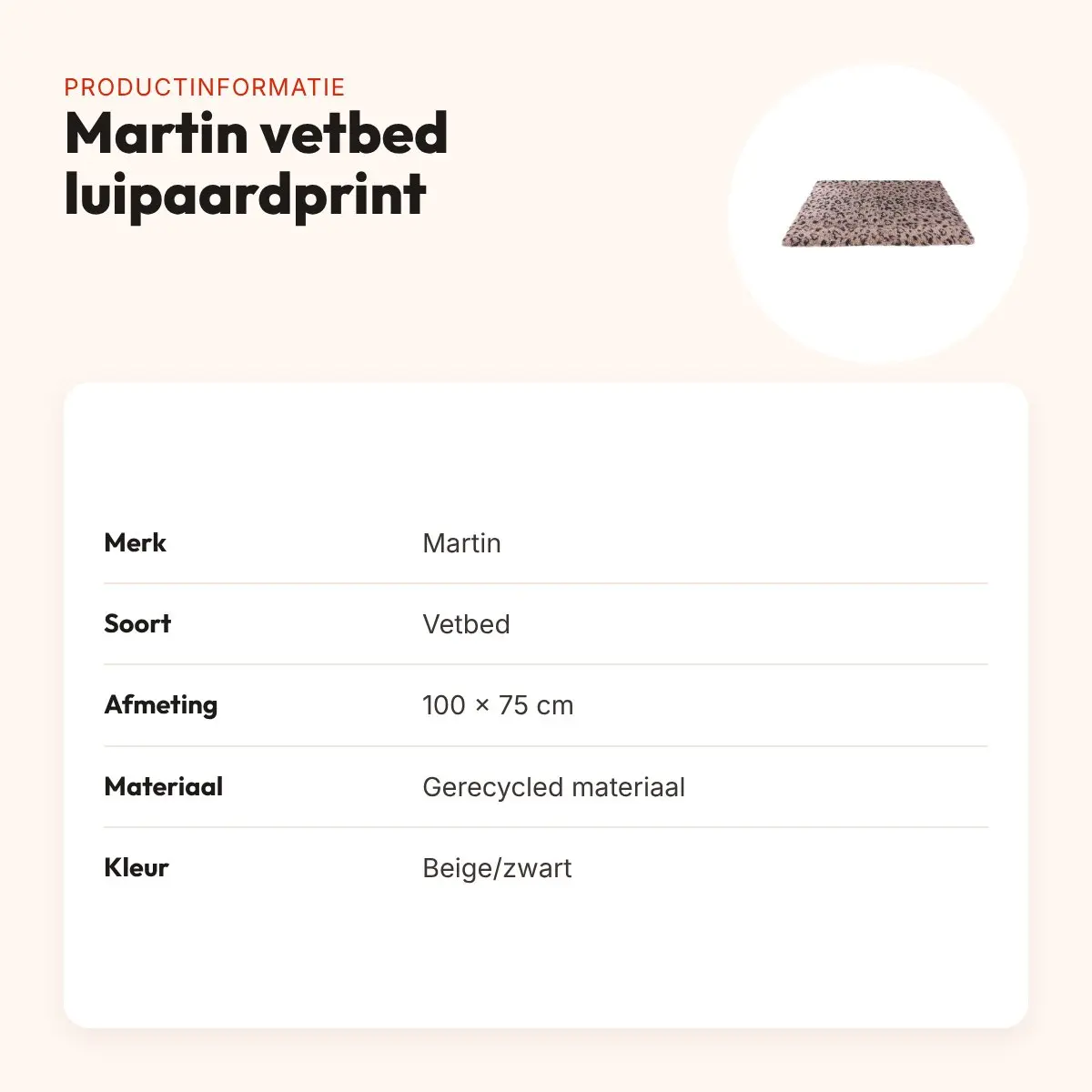 Martin vetbed luipaardprint beige/zwart 100 x 75 cm – gerecycled – productinformatie