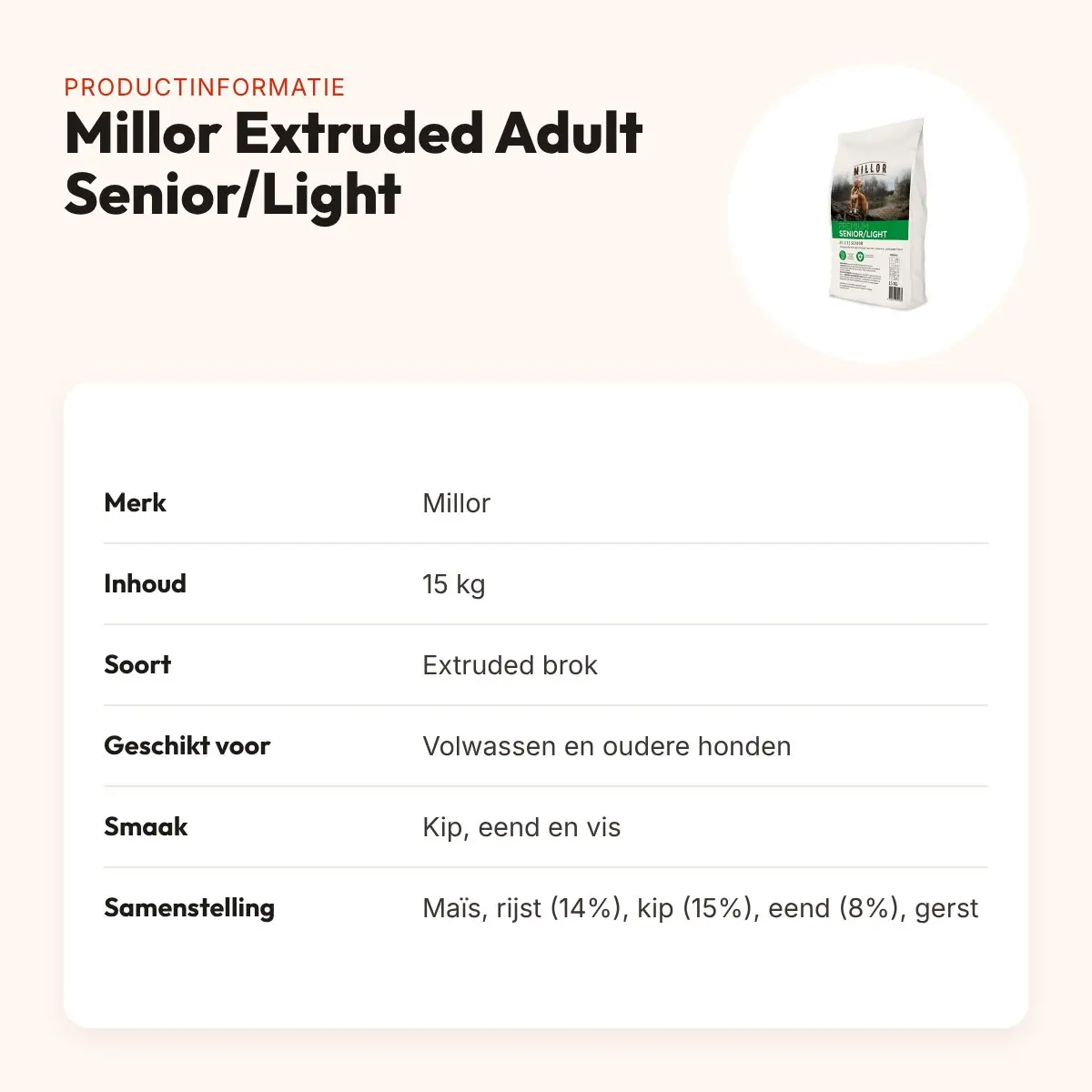 Millor hondenvoer Extruded Adult Senior/Light 15 kg – kip, eend en vis – productinformatie