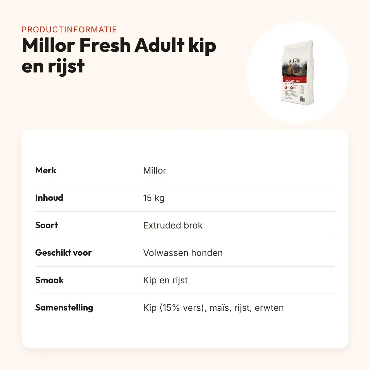 Millor hondenvoer Premium Extruded Fresh Adult kip en rijst 15 kg – productinformatie