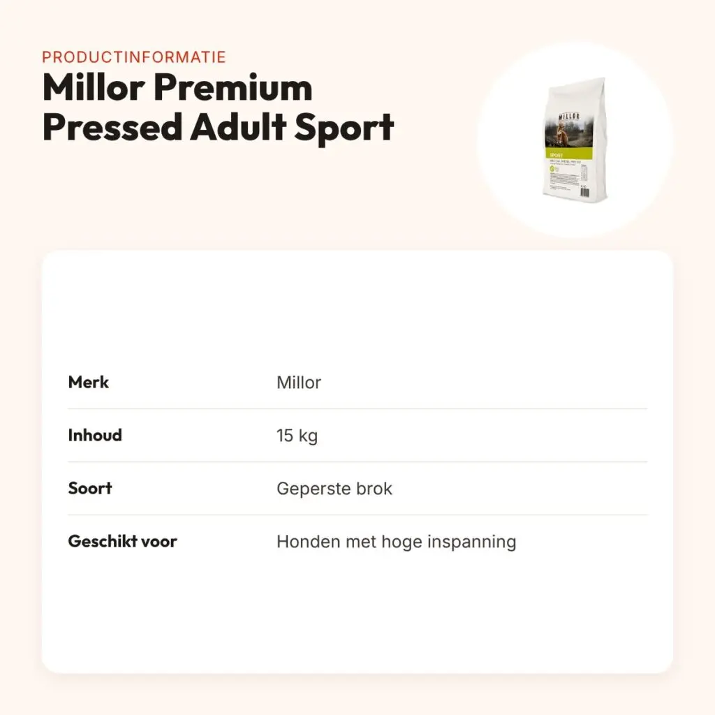 Millor hondenvoer Premium Pressed Adult Sport 15 kg – hoge inspanning – productinformatie
