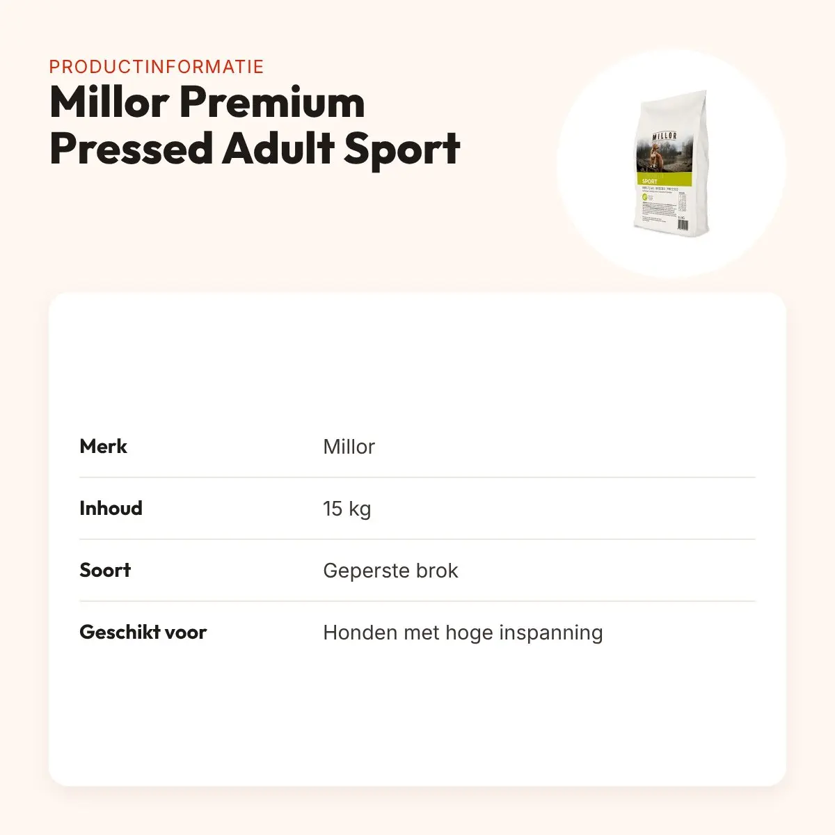 Millor hondenvoer Premium Pressed Adult Sport 15 kg – hoge inspanning – productinformatie