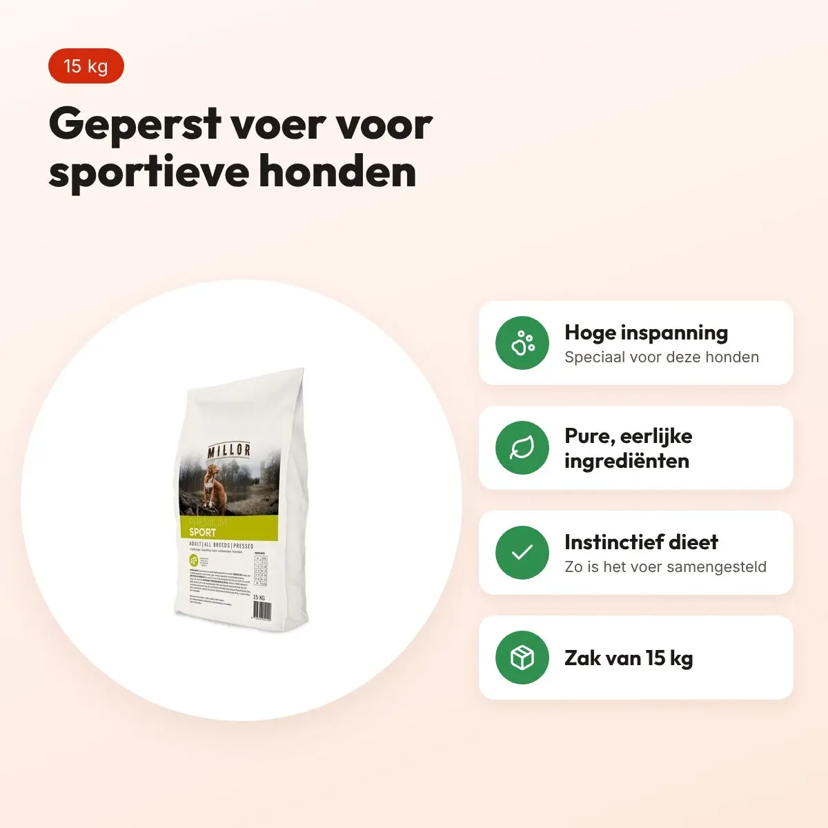Millor hondenvoer Premium Pressed Adult Sport 15 kg – hoge inspanning – voordelen