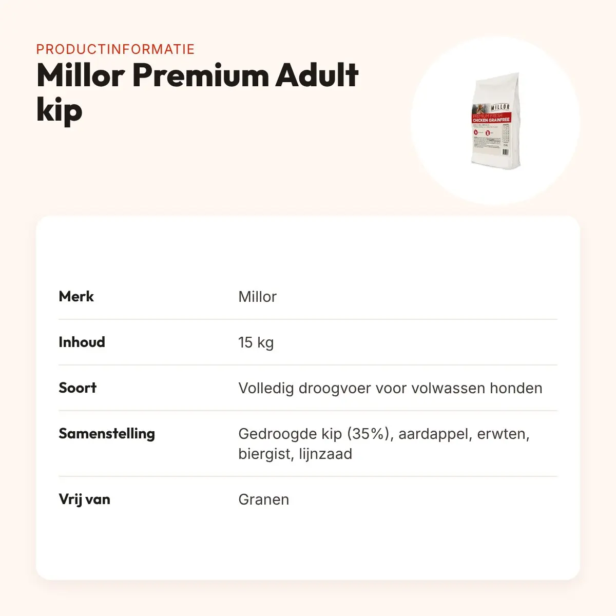 Millor Premium hondenvoer Extruded Fresh Adult kip graanvrij 15 kg – productinformatie