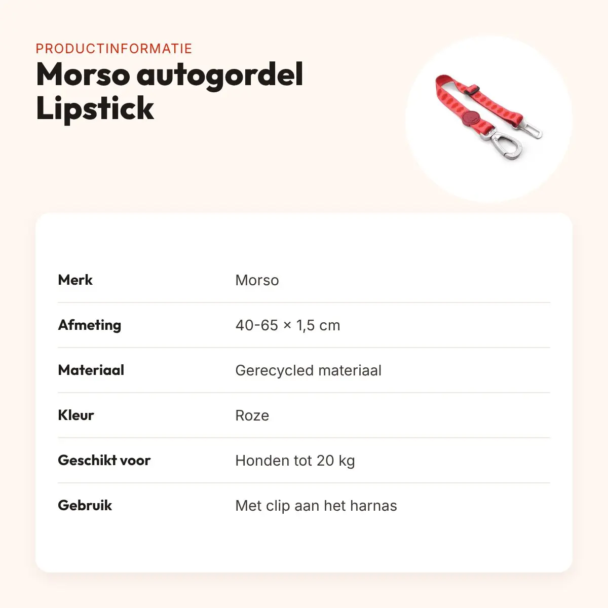 Morso autogordel hond Lipstick roze 40-65 x 1,5 cm – gerecycled, tot 20 kg – productinformatie