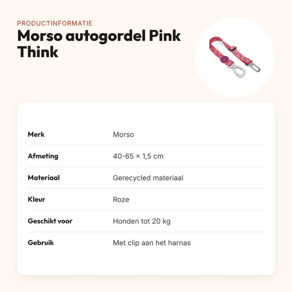 Morso autogordel hond Pink Think roze 40-65 x 1,5 cm – tot 20 kg – productinformatie
