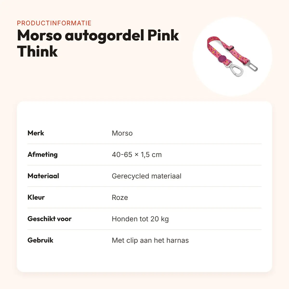 Morso autogordel hond Pink Think roze 40-65 x 1,5 cm – tot 20 kg – productinformatie