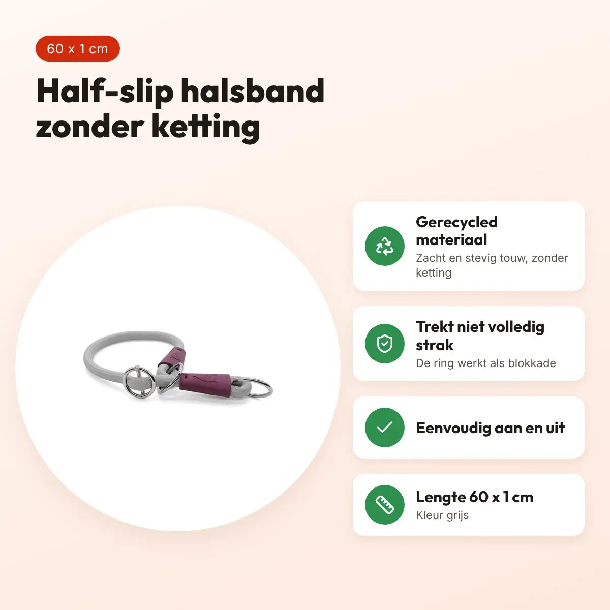 Morso half slip halsband gerecycled grijs 60 cm – soft rope – voordelen