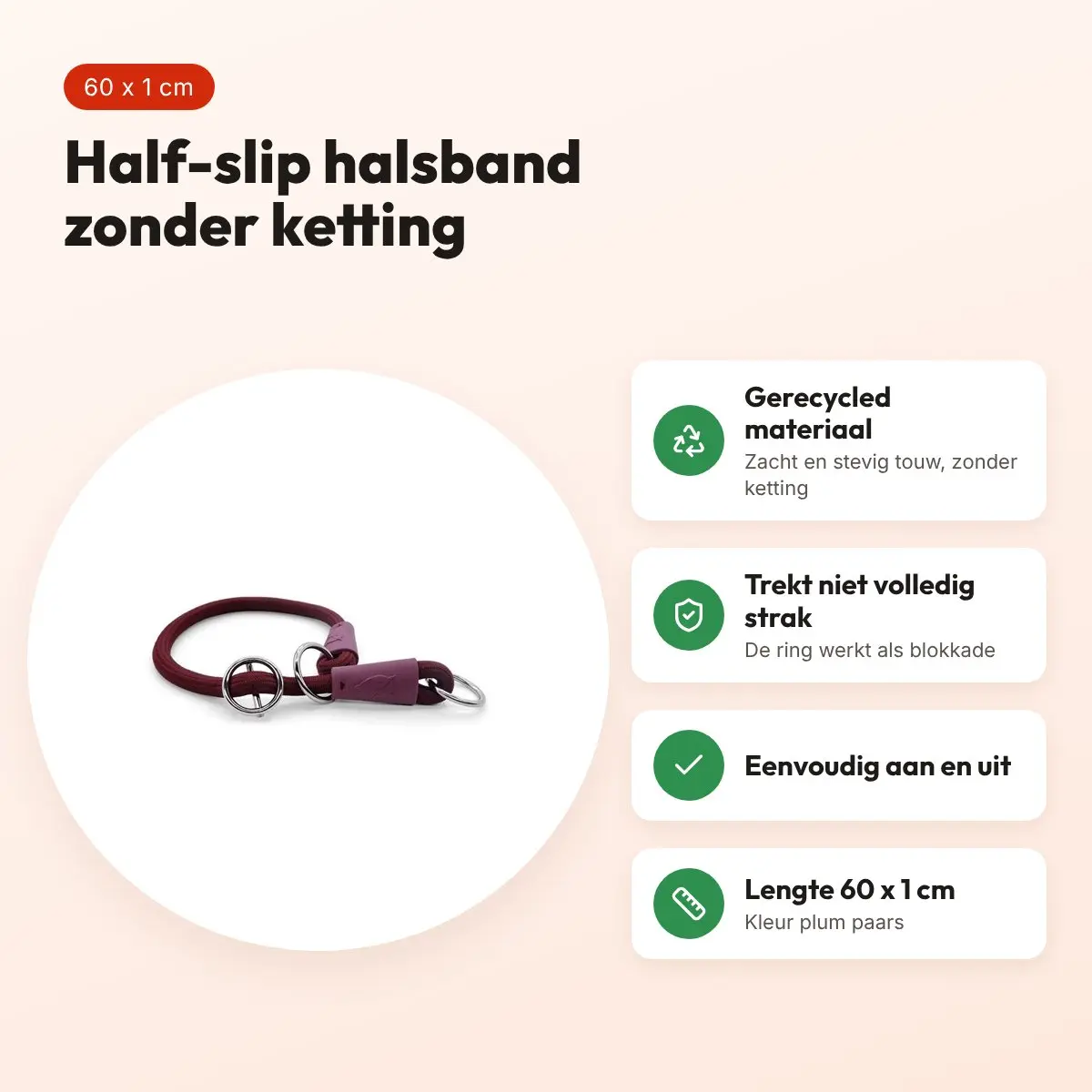 Morso half slip halsband gerecycled plum paars 60 cm – soft rope – voordelen