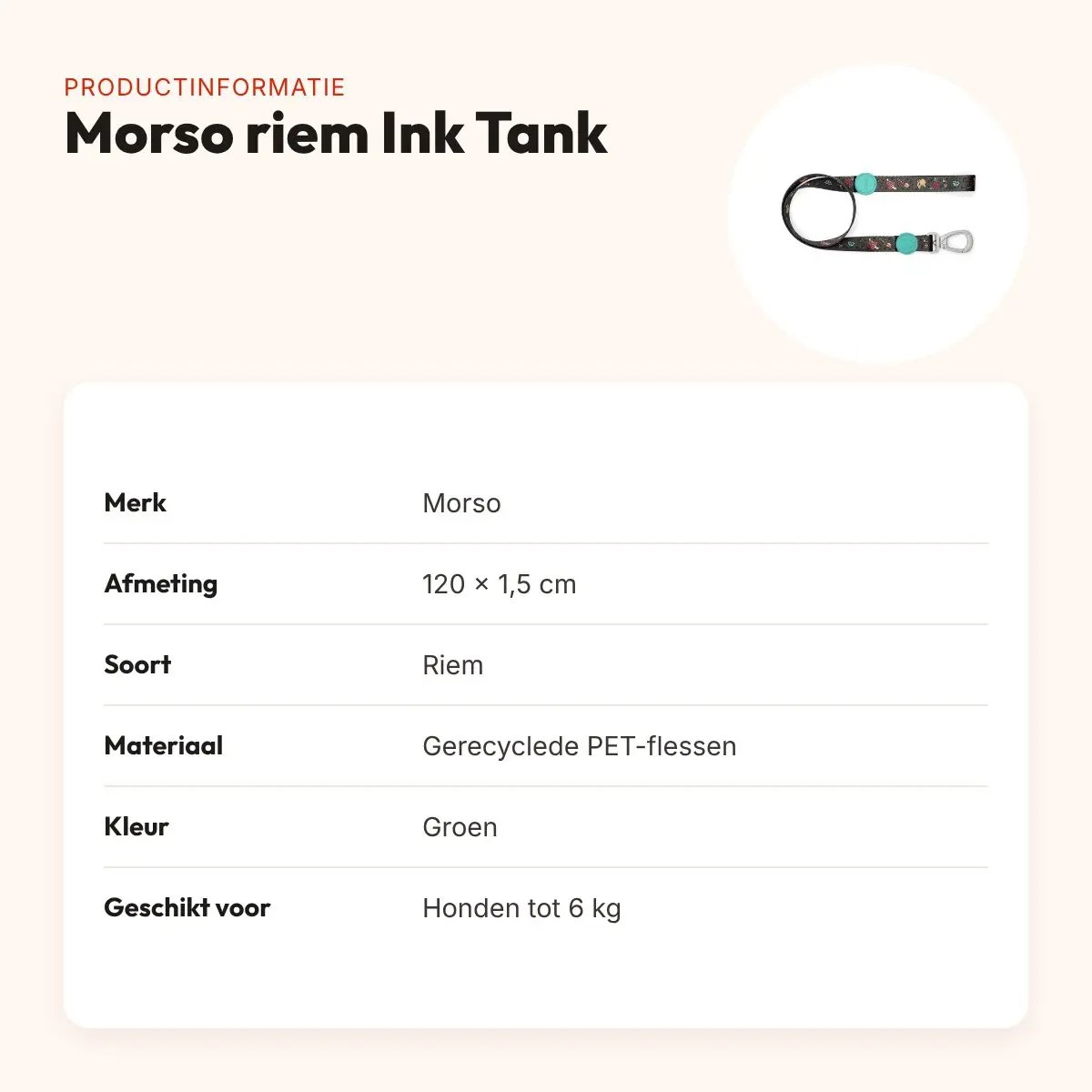 Morso hondenriem Ink Tank groen 120 x 1,5 cm – gerecycled, tot 6 kg – productinformatie