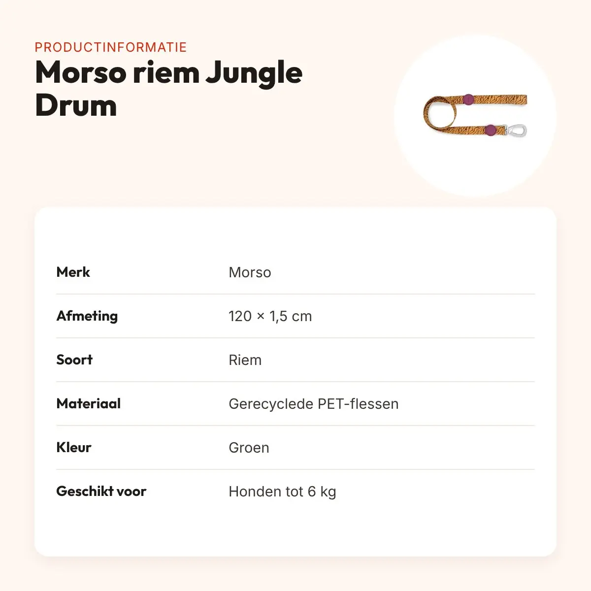Morso hondenriem Jungle Drum groen 120 x 1,5 cm – gerecycled, tot 6 kg – productinformatie