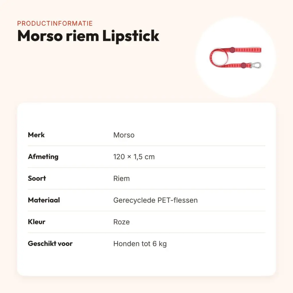 Morso hondenriem Lipstick roze 120 x 1,5 cm – gerecycled, tot 6 kg – productinformatie